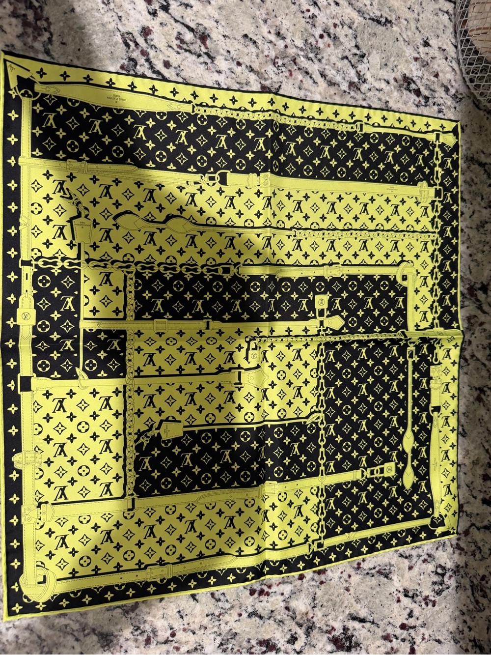 NEW- Louis Vuitton Yellow & Black Monogram Silk Scarf Model #M77350 - Picture 4 of 5